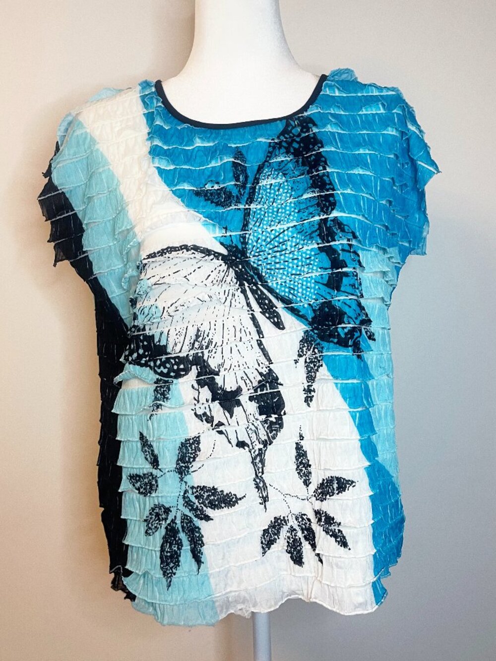 Notations Blue Abstract Butterfly Floral Tiered Ruffle Top Size Medium Y2K